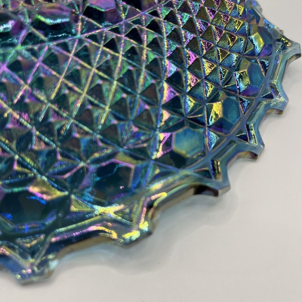 Vintage Indiana Glass Blue Iridescent Carnival Diamond Cut Ruffled Plate 10" - Picture 6 of 7